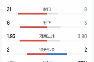 切尔西1-2桑德兰全场数据:射门8-21,射正3-6,红牌1-0